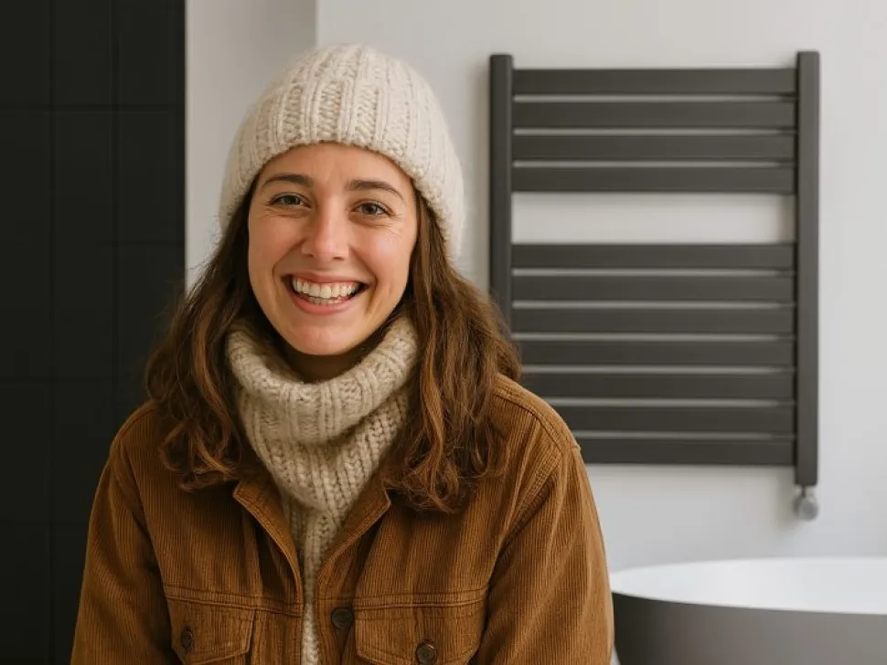 Smiling woman in a beanie beside a heated towel rail