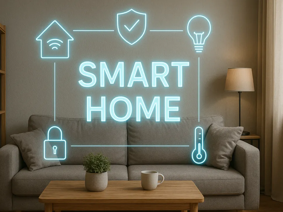 Living room with glowing smart home icons and the words Smart Home
