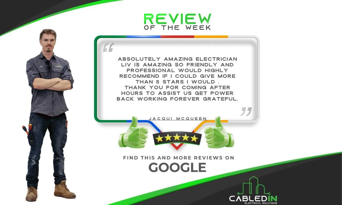 Review of the week: a five-star Google review from Jacqui McQueen for electrician Liv