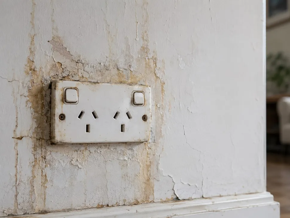 Discoloured, cracked wall around a double powerpoint