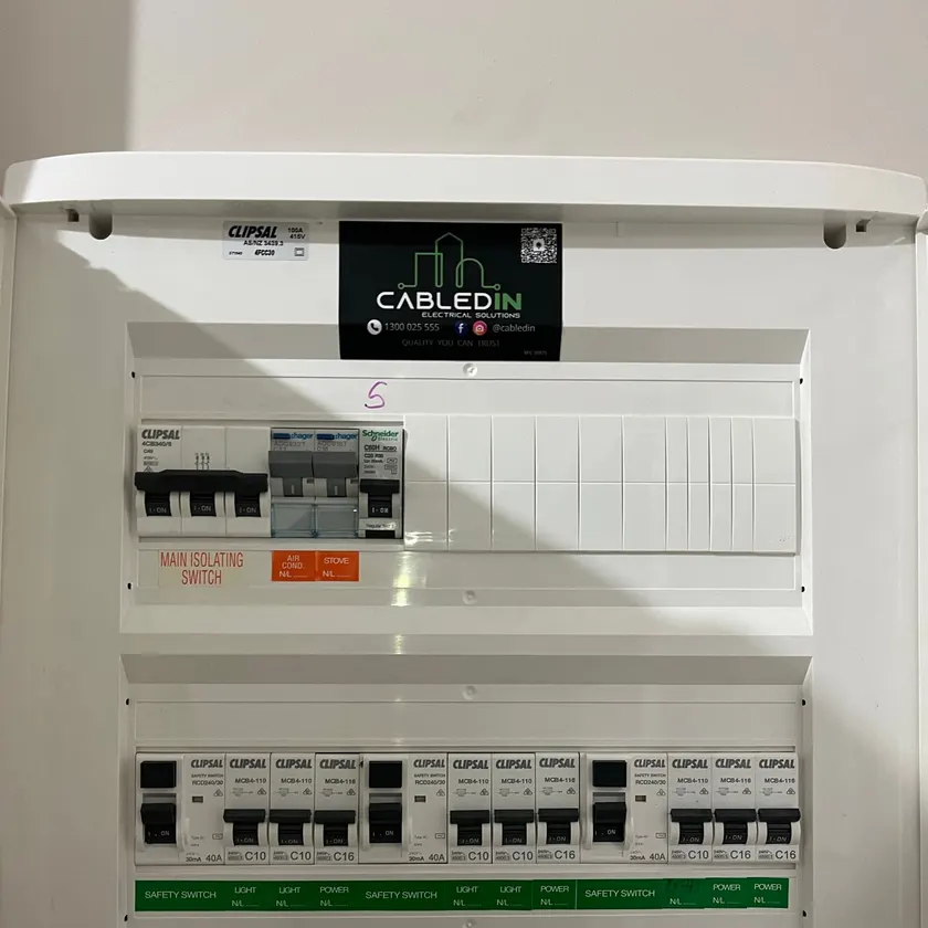 Indoor switchboard with CabledIN sticker and rows of labelled circuit breakers and safety switches