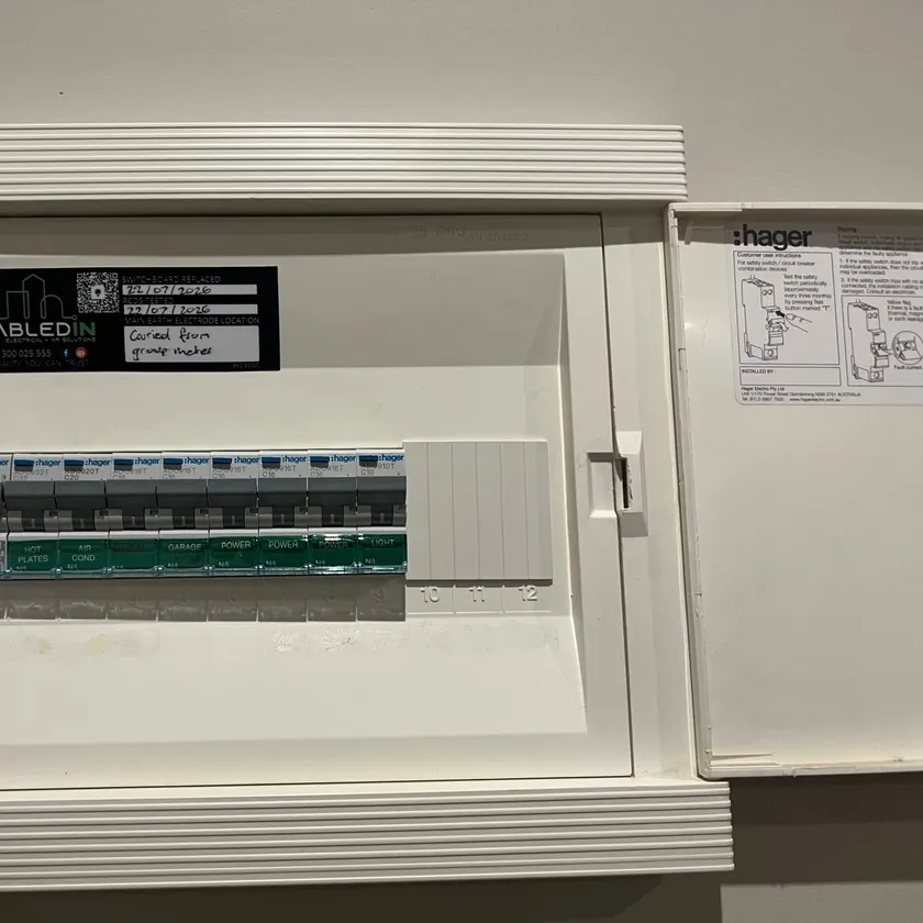 Closed switchboard with a CabledIN replaced-switchboard sticker