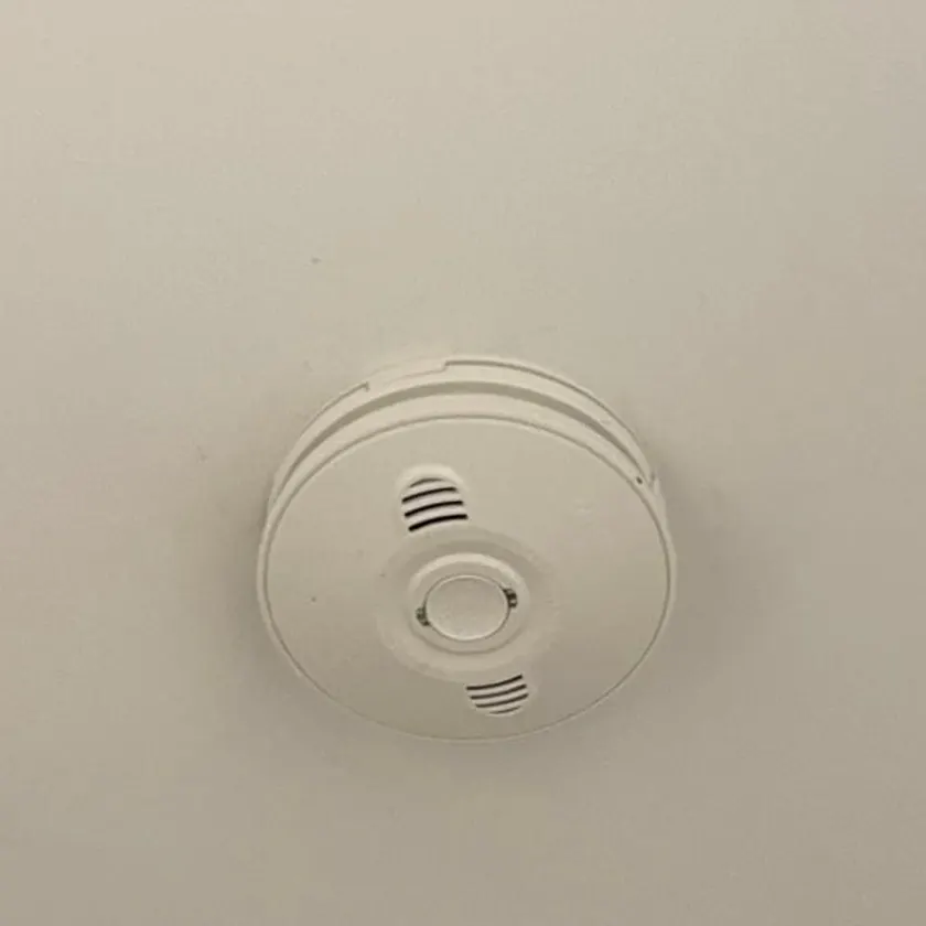 White ceiling-mounted smoke alarm between two white ceiling vent grilles