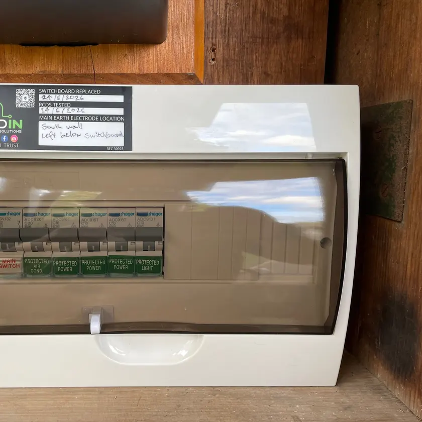 New switchboard with CabledIN sticker and labelled Hager safety switches behind a clear cover