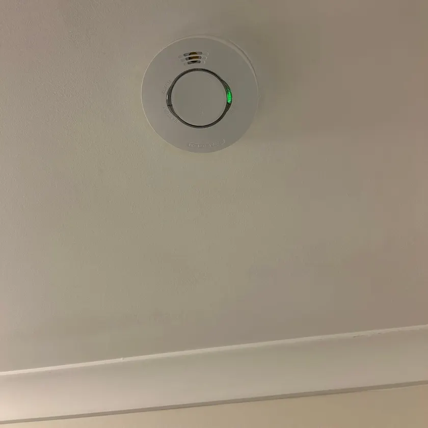 White smoke alarm on a ceiling with a green power light
