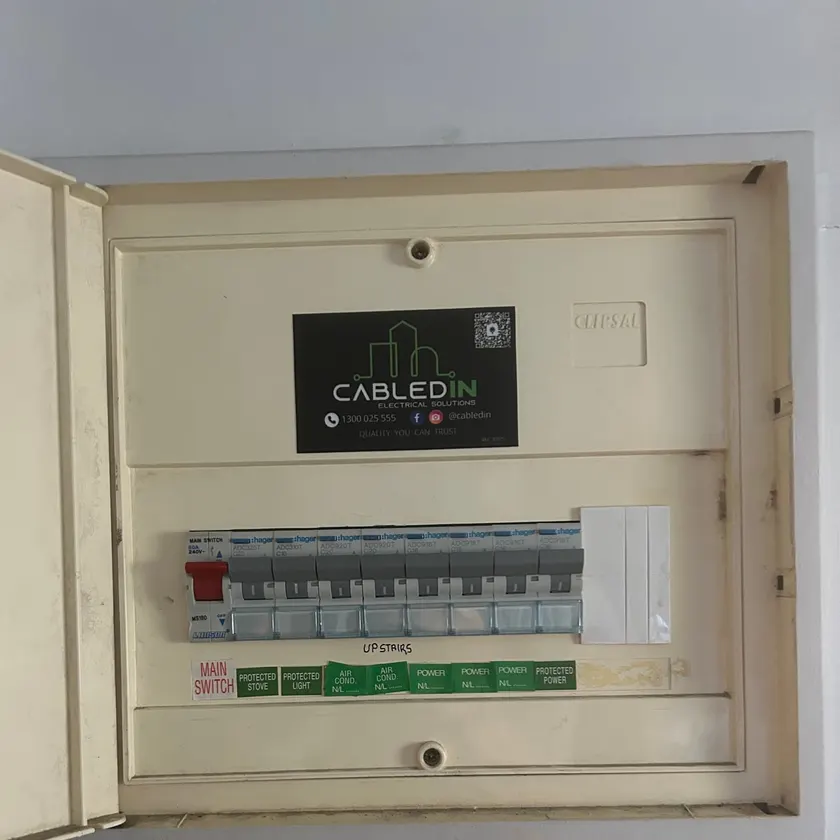 Recessed switchboard with CabledIN sticker and a row of labelled Hager safety switches