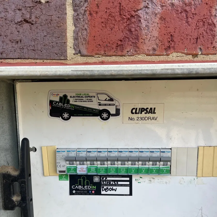 Switchboard with CabledIN sticker and a row of labelled Hager circuit breakers behind a clear cover