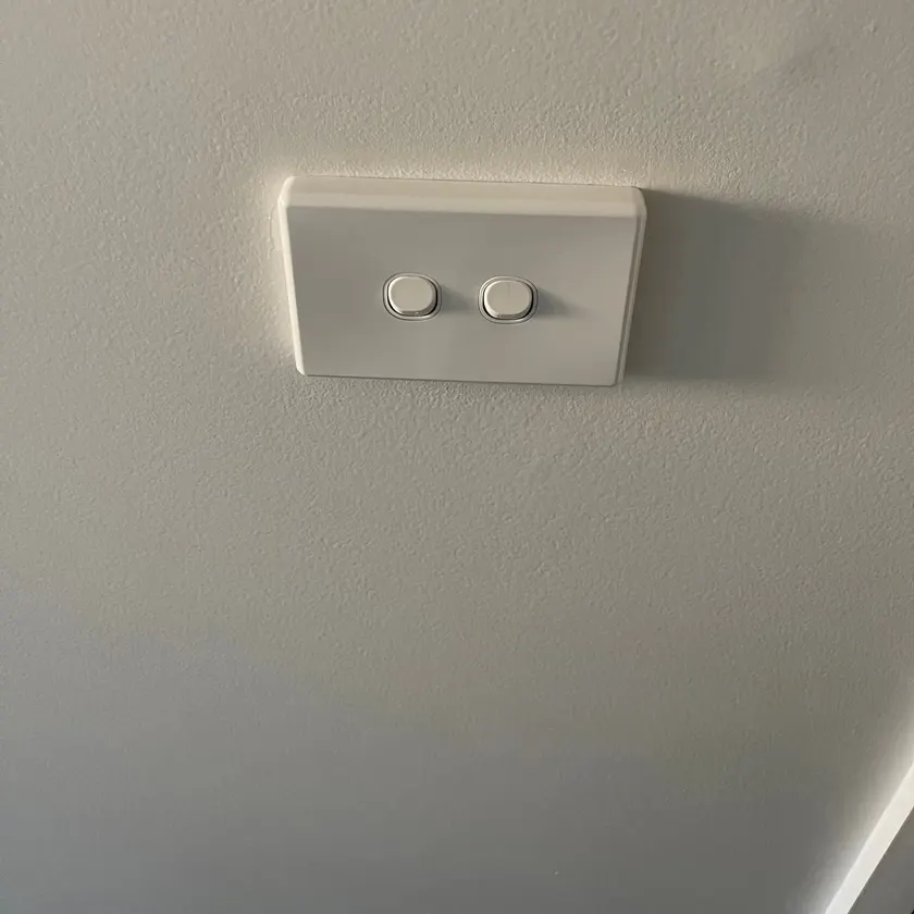 Two-gang white light switch on a painted wall