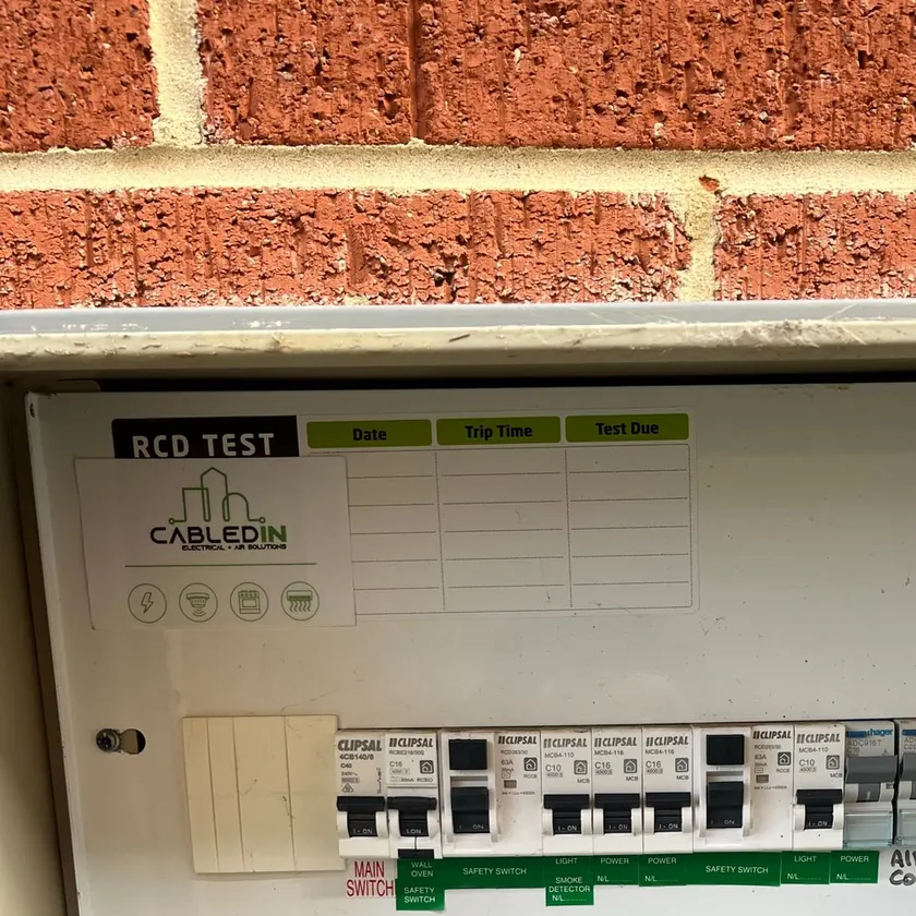 Outdoor meter box with labelled Clipsal circuit breakers and safety switches on a white panel, CabledIN sticker top left