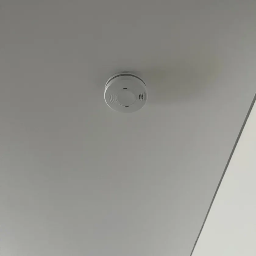 White smoke alarm fitted to a ceiling