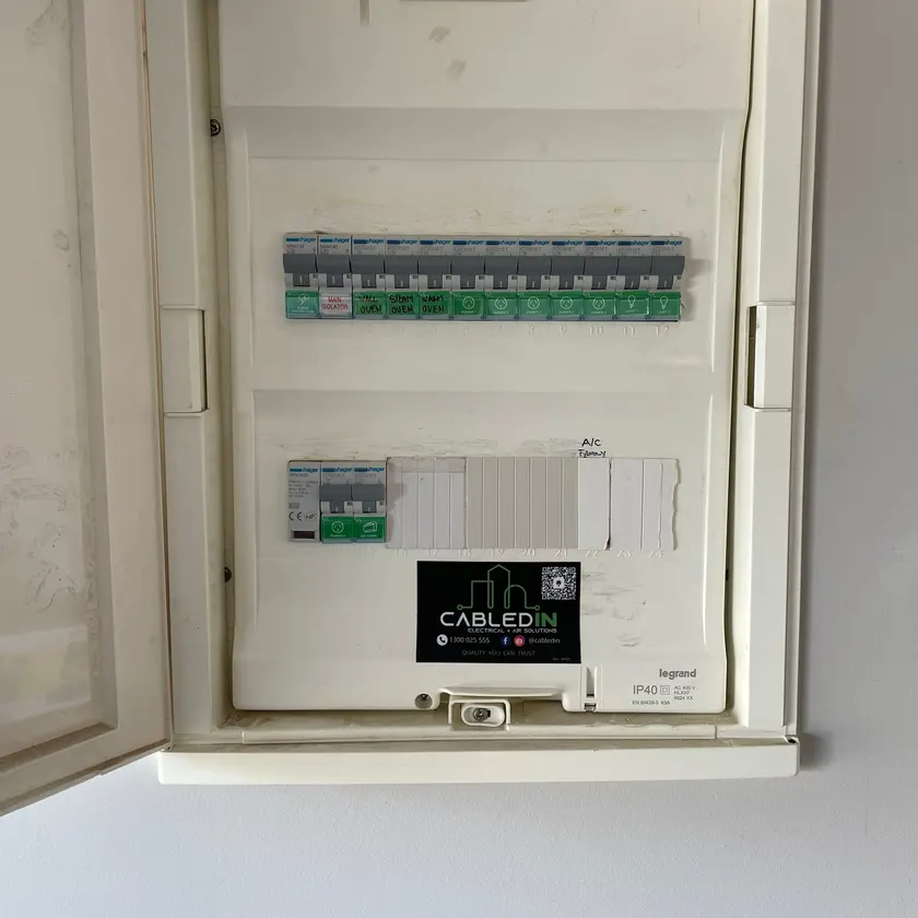 Open white switchboard with labelled Hager circuit breakers and a CabledIN sticker below