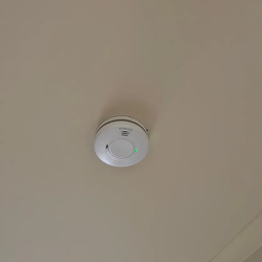 Ceiling-mounted smoke alarm with a green status light