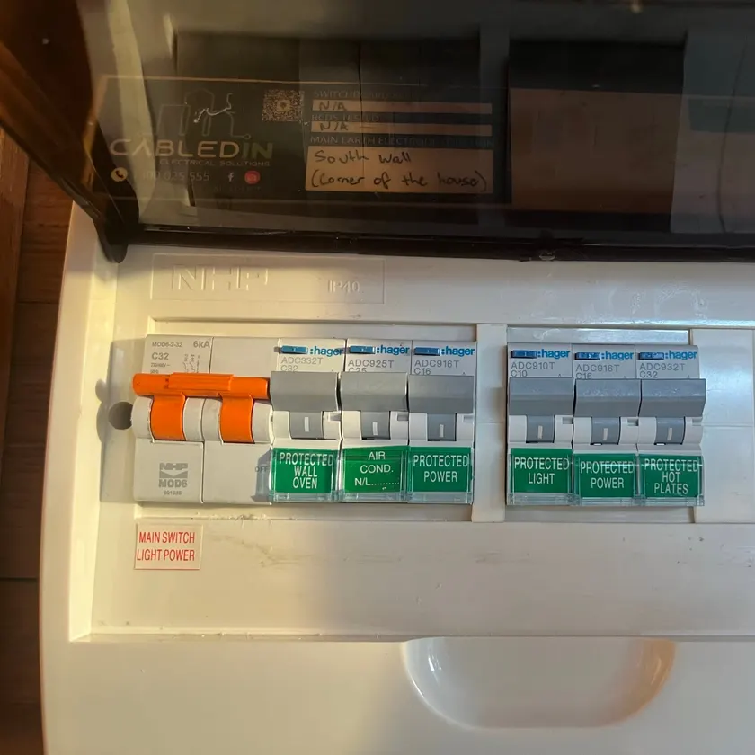 Switchboard with labelled safety switches for wall oven, air conditioning, power, lights, hot plates and hot water, with CabledIN sticker