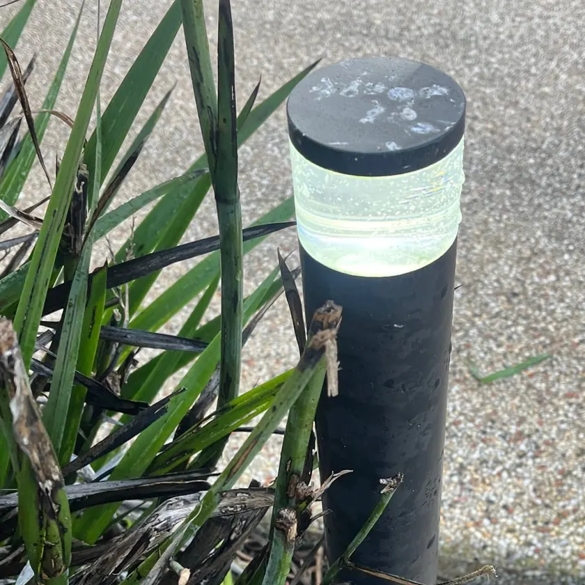 Lit bollard light beside a garden path