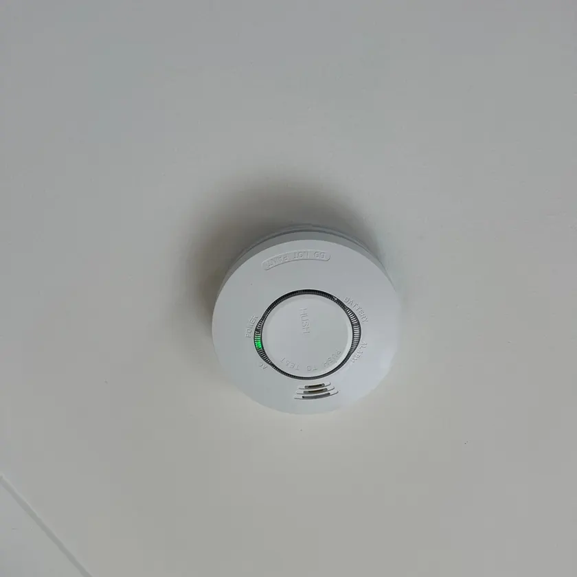 New hardwired smoke alarm on a white ceiling beside the cornice with its green power light on