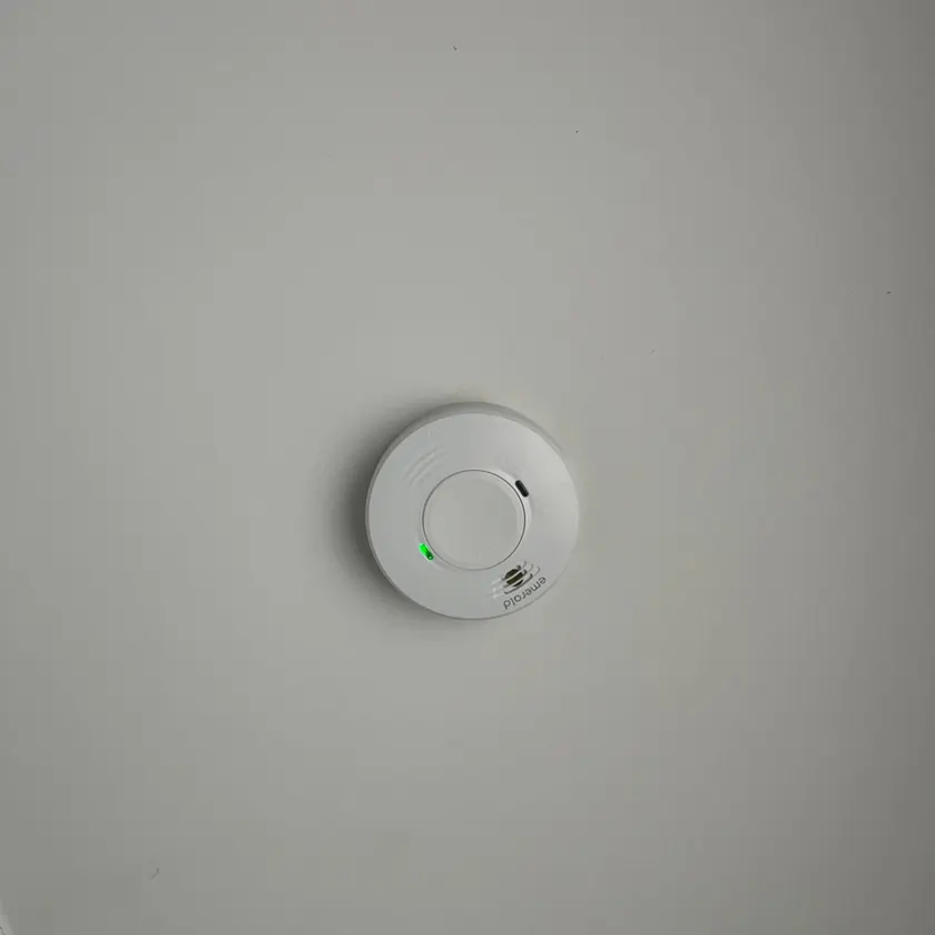 Smoke alarm on a white ceiling with green power light, next to a round ceiling vent