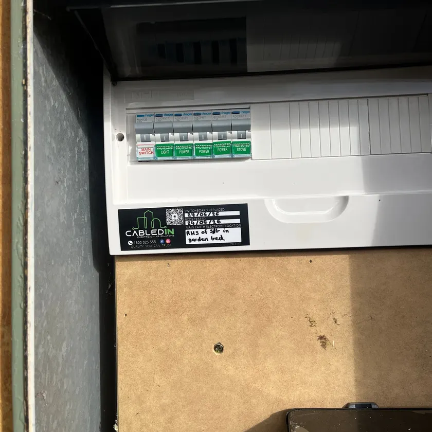 New switchboard with labelled safety switches on each circuit and a CabledIN test sticker